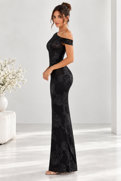 Marielle One-Shoulder Floral Appliqué Maxi Dress