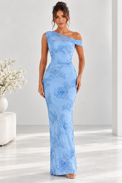 Marielle One-Shoulder Floral Appliqué Maxi Dress