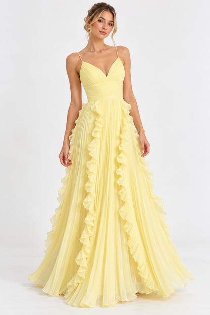Liora Butter Yellow Pleated Ruffle Maxi Dress