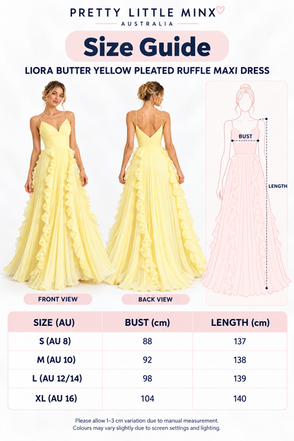 Liora Butter Yellow Pleated Ruffle Maxi Dress