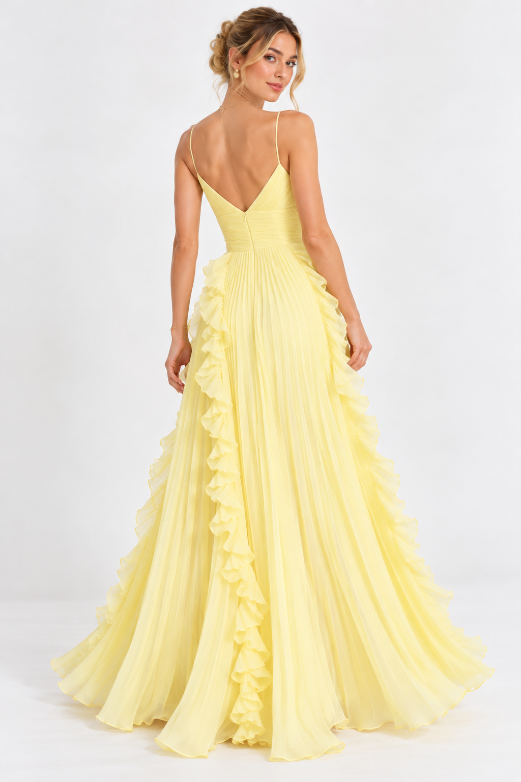 Liora Butter Yellow Pleated Ruffle Maxi Dress