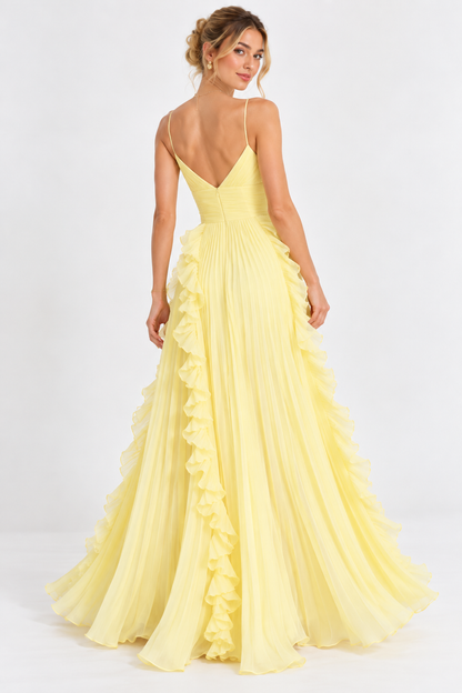Liora Butter Yellow Pleated Ruffle Maxi Dress