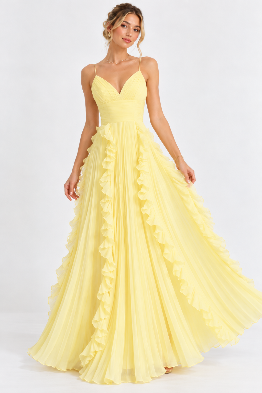 Liora Butter Yellow Pleated Ruffle Maxi Dress