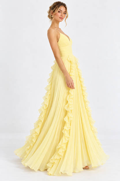 Liora Butter Yellow Pleated Ruffle Maxi Dress