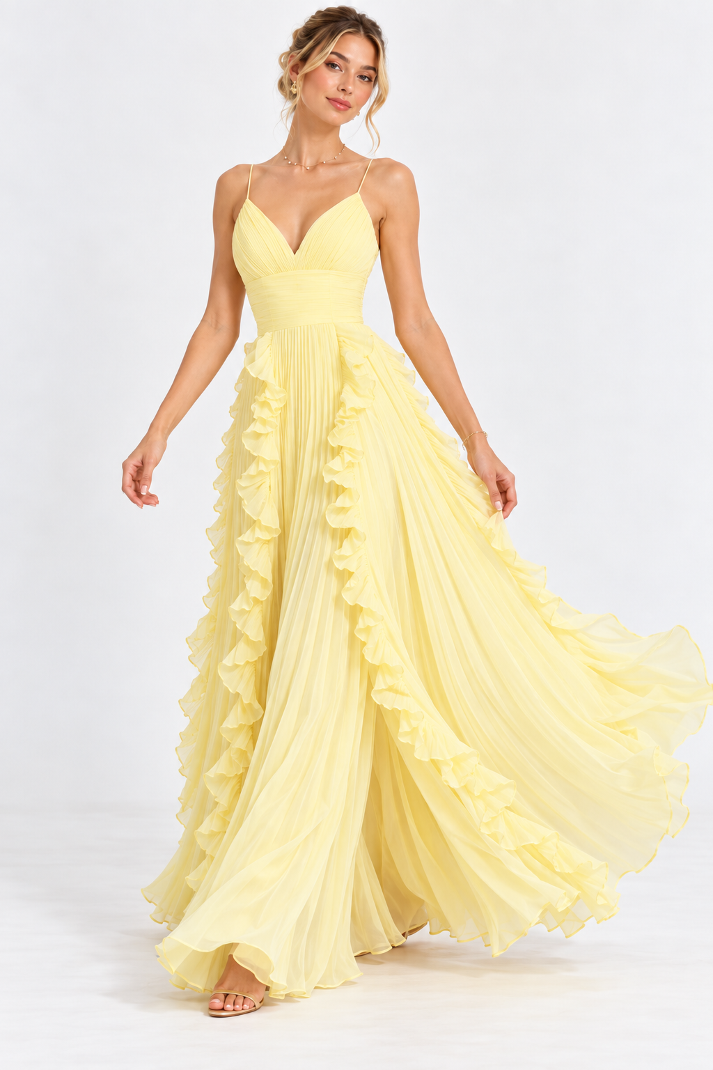 Liora Butter Yellow Pleated Ruffle Maxi Dress