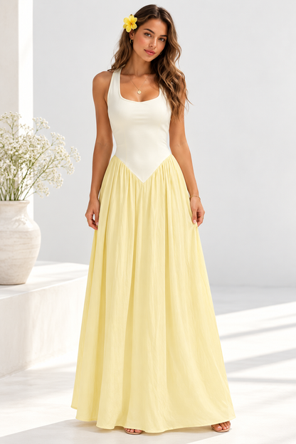 Amara Butter Yellow Two-Tone Scoop Neck Maxi Dress