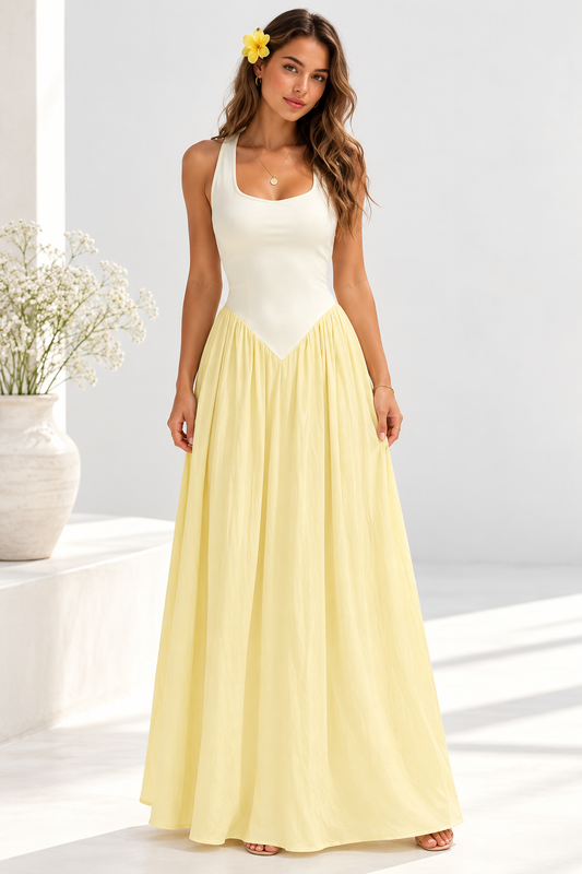 Amara Butter Yellow Two-Tone Scoop Neck Maxi Dress