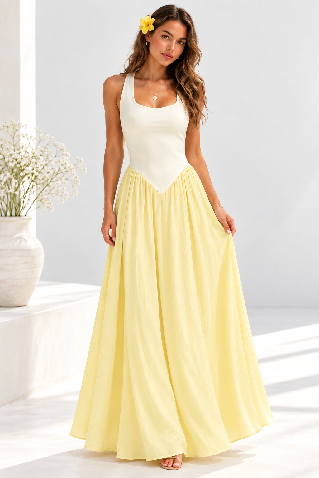 Amara Butter Yellow Two-Tone Scoop Neck Maxi Dress