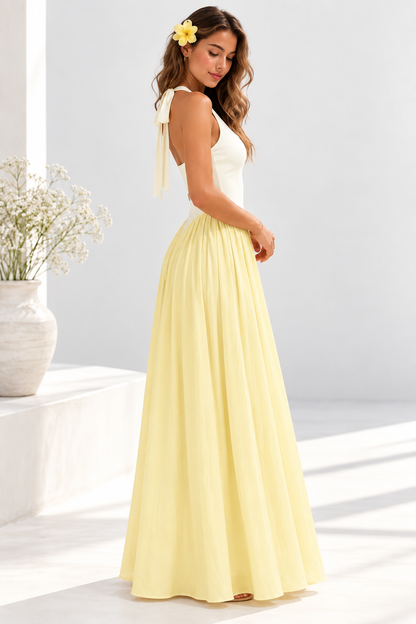 Amara Butter Yellow Two-Tone Scoop Neck Maxi Dress