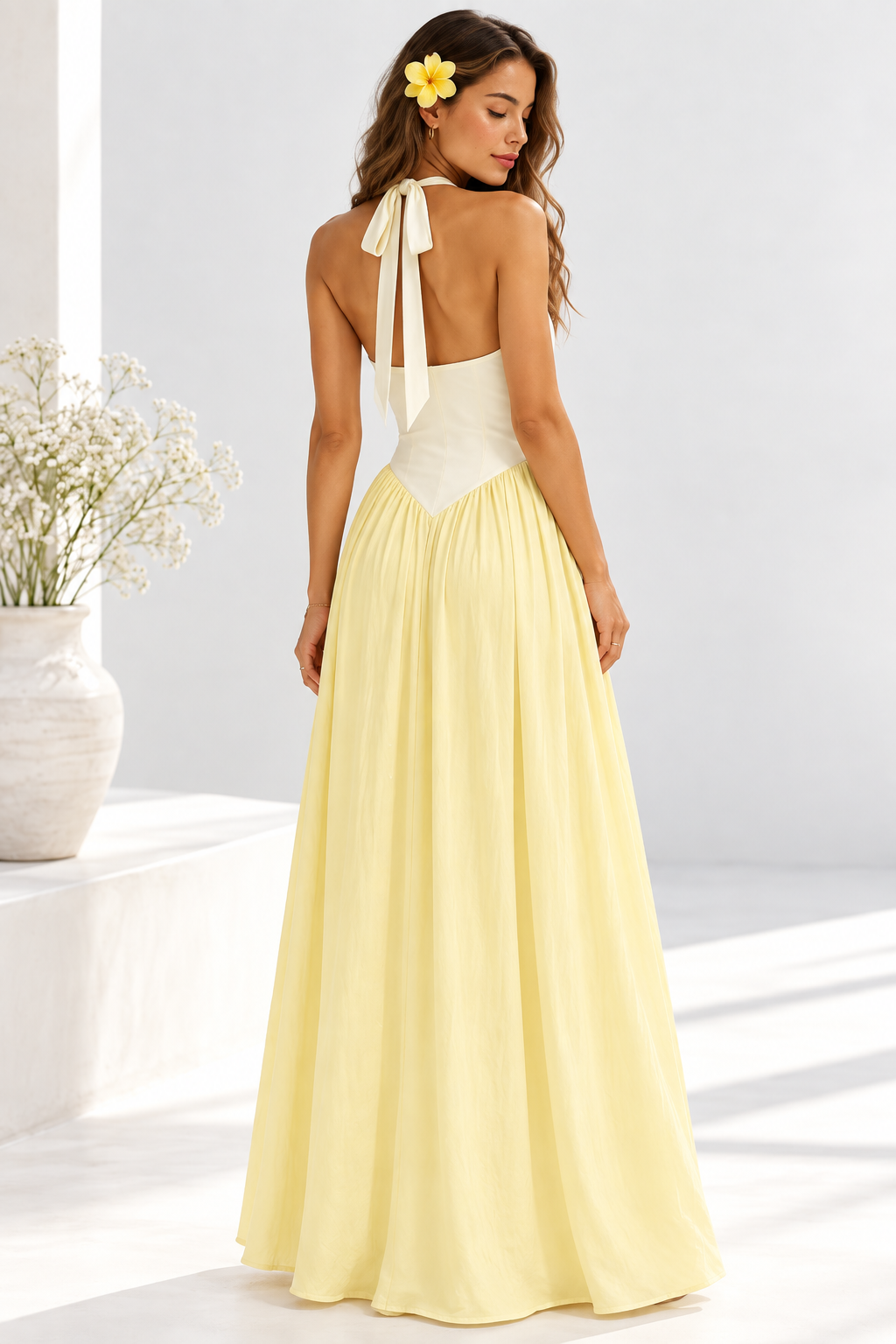 Amara Butter Yellow Two-Tone Scoop Neck Maxi Dress