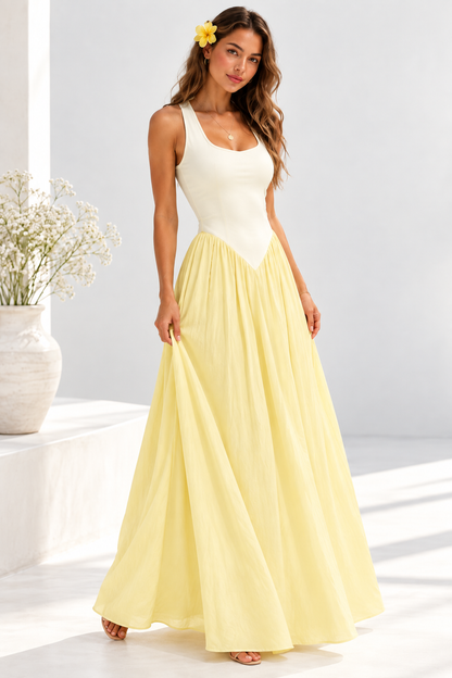 Amara Butter Yellow Two-Tone Scoop Neck Maxi Dress
