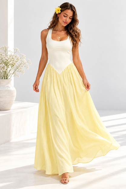 Amara Butter Yellow Two-Tone Scoop Neck Maxi Dress