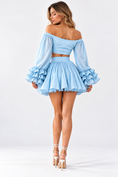 Talia Off-Shoulder Bow Front Ruffle Mini Skirt Set