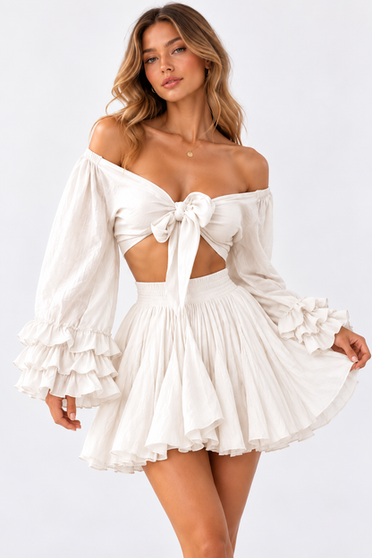 Talia Off-Shoulder Bow Front Ruffle Mini Skirt Set