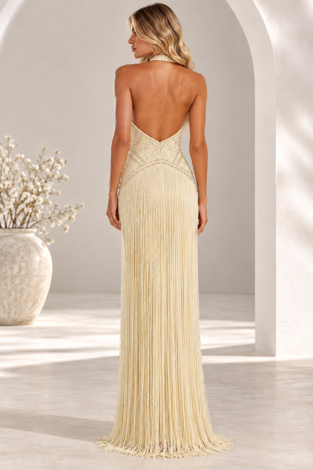 Alessia Champagne Beaded Halter Neck Fringe Maxi Dress