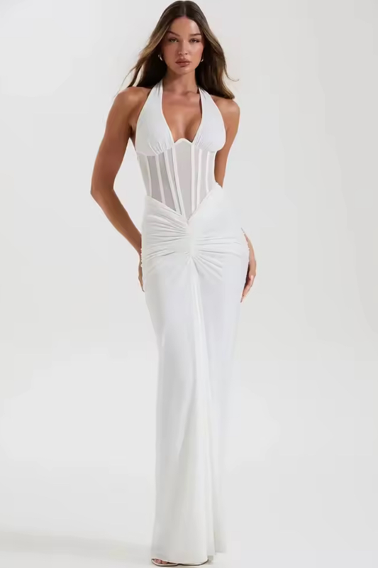 Celeste Halterneck Corset Maxi Dress White