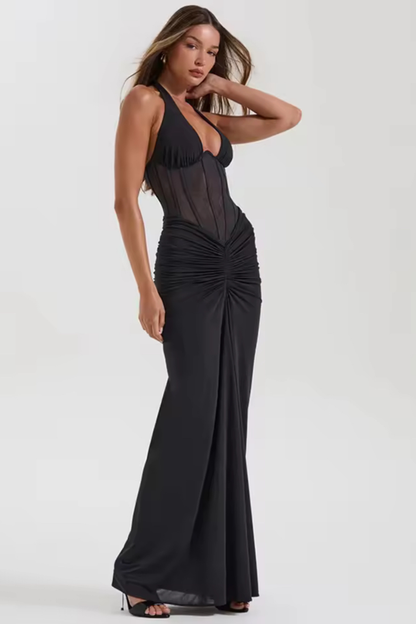 Celeste Halterneck Corset Maxi Dress Black