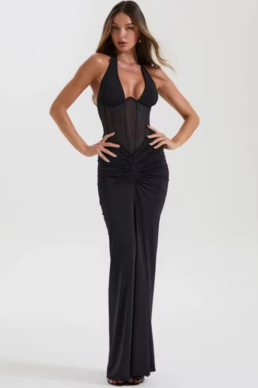 Celeste Halterneck Corset Maxi Dress Black