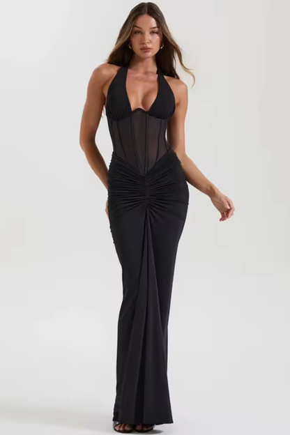 Celeste Halterneck Corset Maxi Dress Black