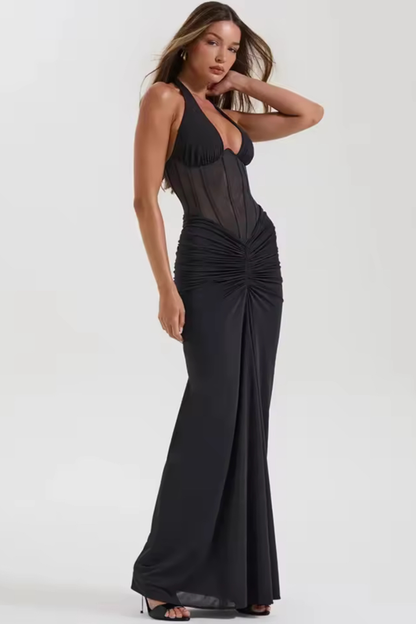 Celeste Halterneck Corset Maxi Dress Black