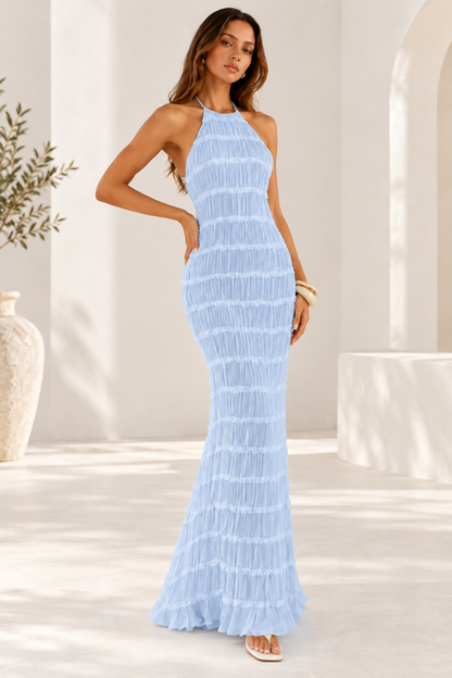 Delilah Ruched Halter Neck Open Back Maxi Dress