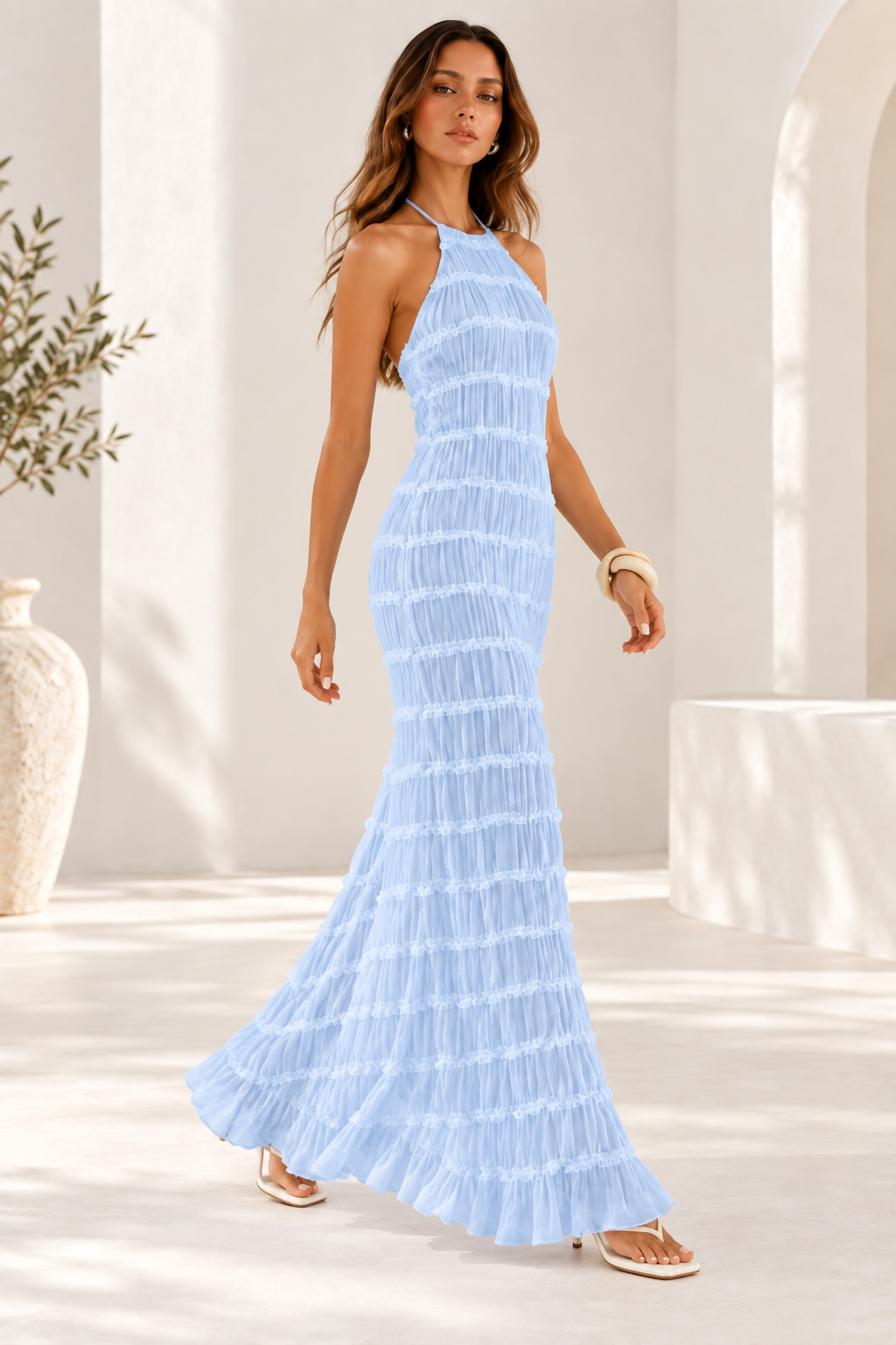 Delilah Ruched Halter Neck Open Back Maxi Dress