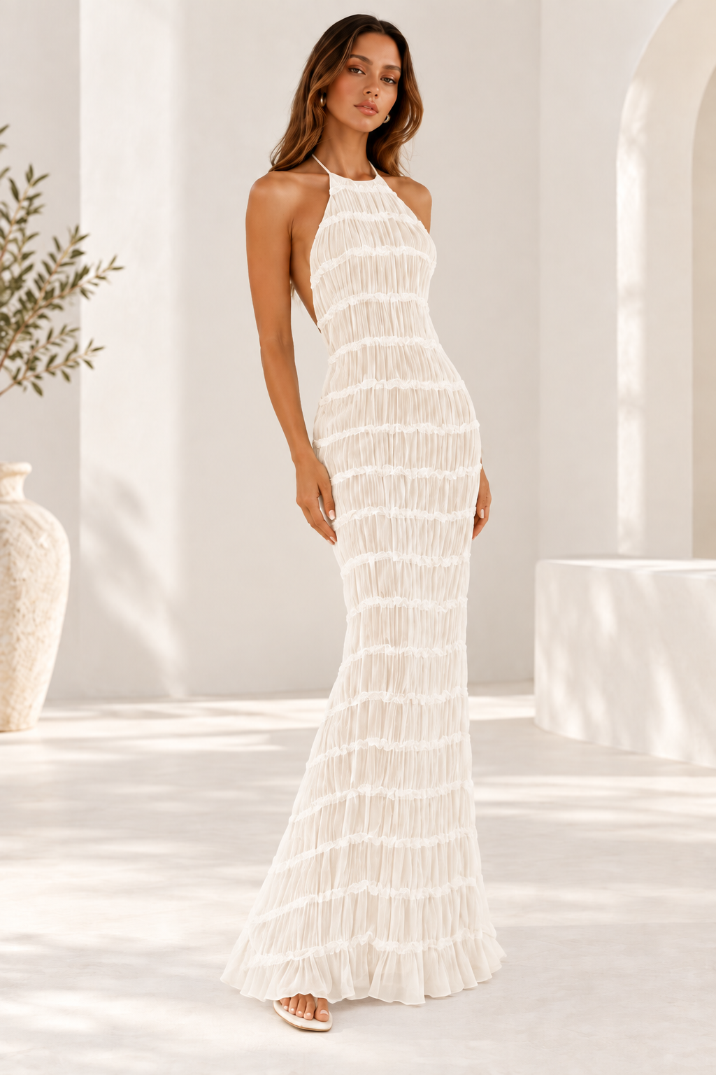 Delilah Ruched Halter Neck Open Back Maxi Dress