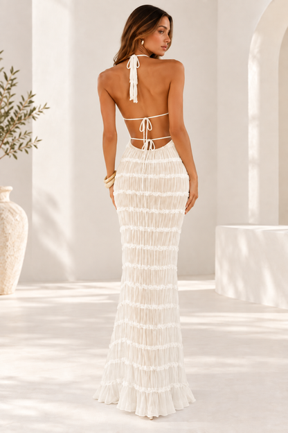 Delilah Ruched Halter Neck Open Back Maxi Dress