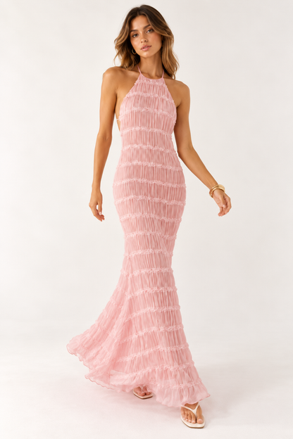 Delilah Ruched Halter Neck Open Back Maxi Dress