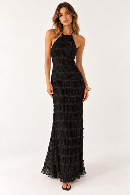 Delilah Ruched Halter Neck Open Back Maxi Dress