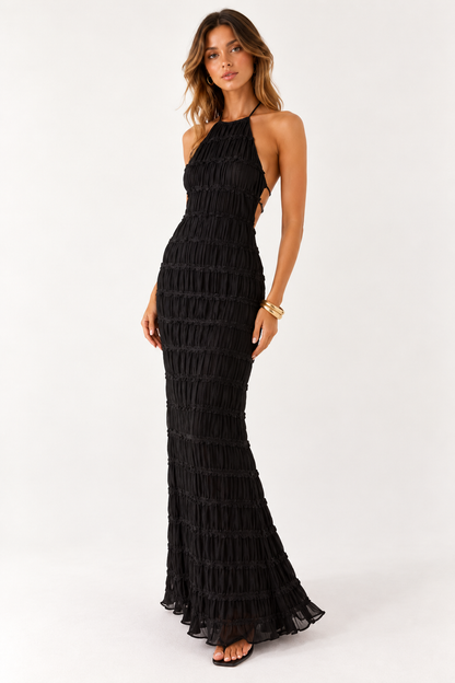 Delilah Ruched Halter Neck Open Back Maxi Dress