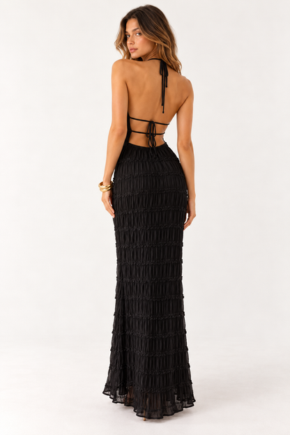 Delilah Ruched Halter Neck Open Back Maxi Dress
