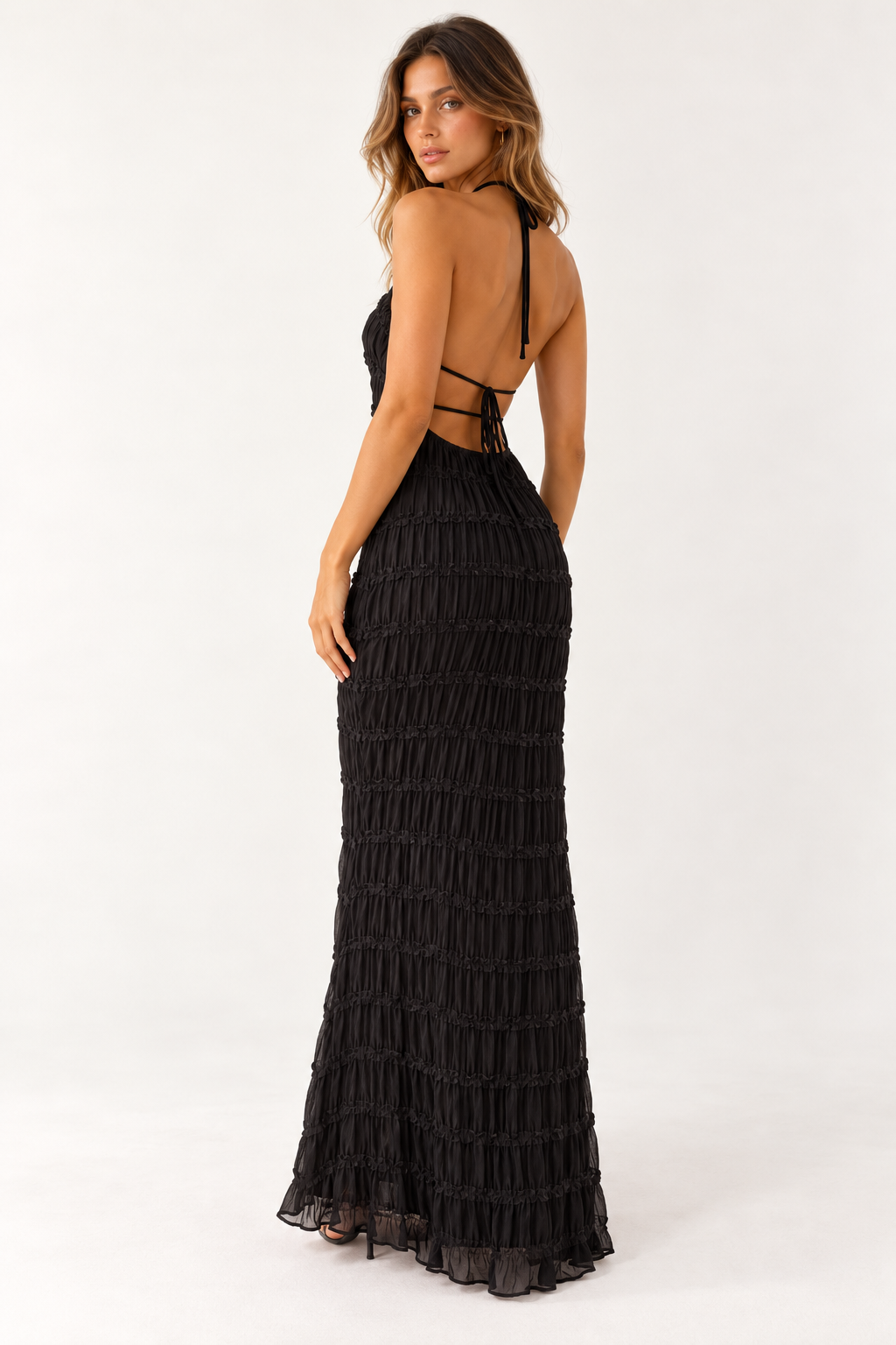 Delilah Ruched Halter Neck Open Back Maxi Dress