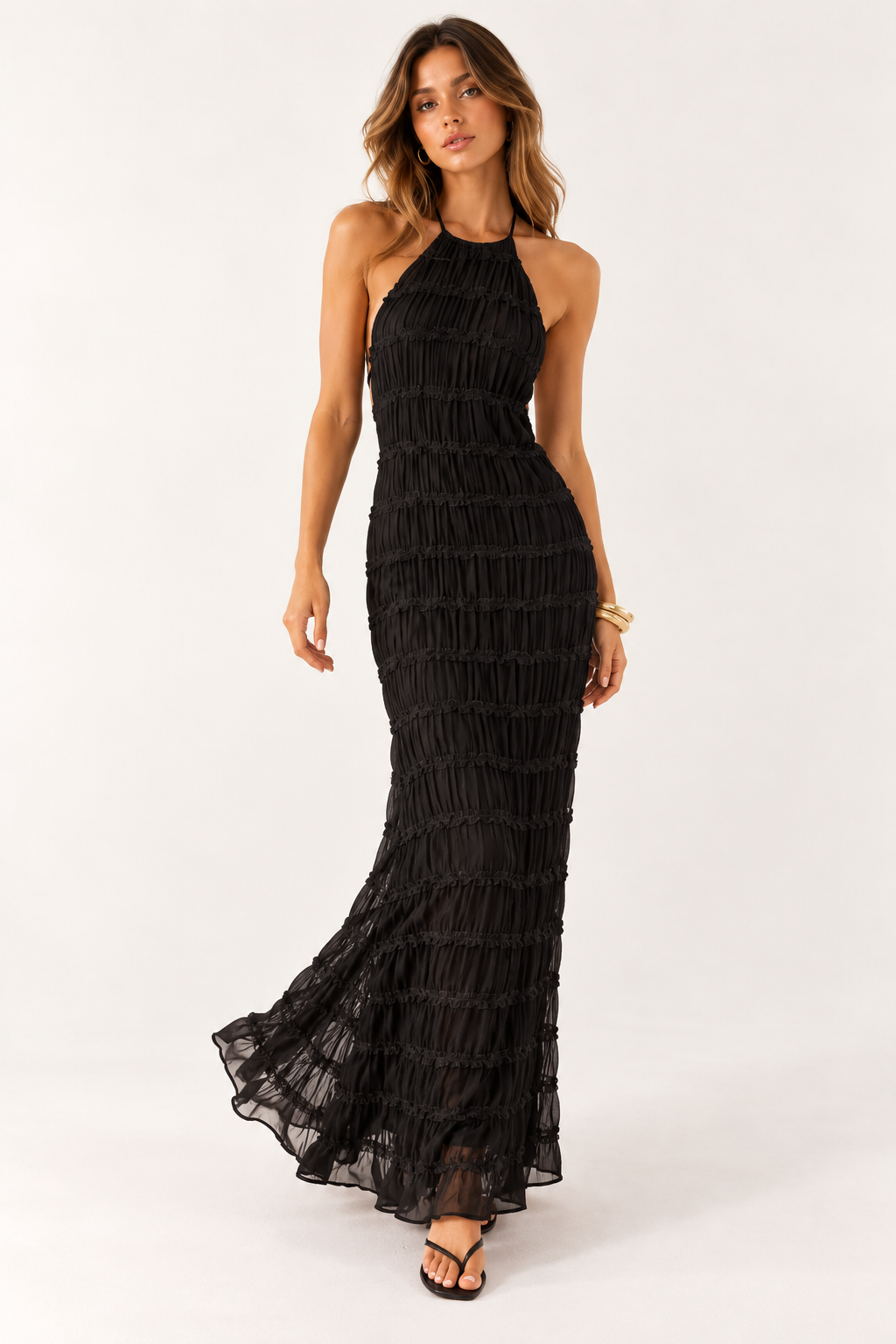 Delilah Ruched Halter Neck Open Back Maxi Dress
