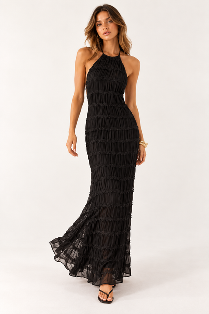 Delilah Ruched Halter Neck Open Back Maxi Dress