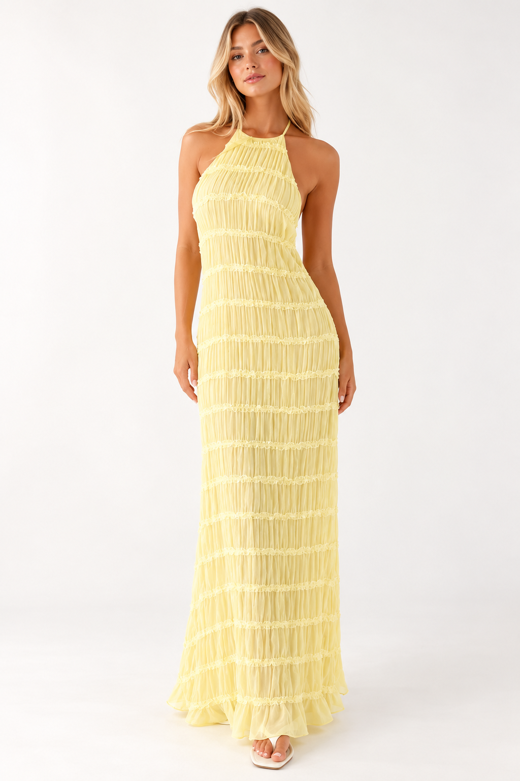 Delilah Ruched Halter Neck Open Back Maxi Dress