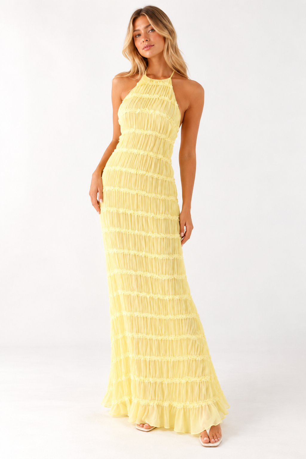 Delilah Ruched Halter Neck Open Back Maxi Dress