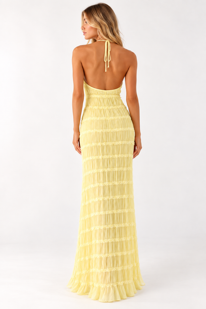 Delilah Ruched Halter Neck Open Back Maxi Dress