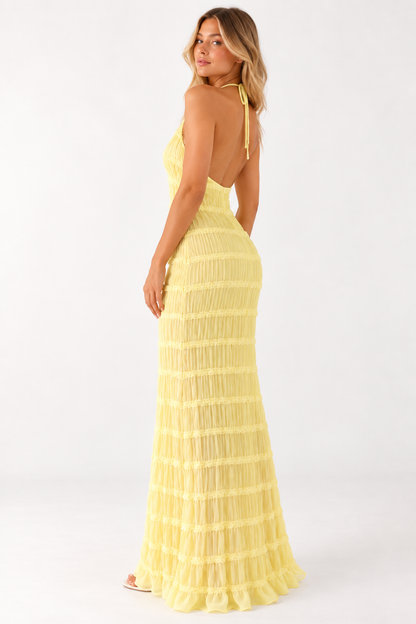 Delilah Ruched Halter Neck Open Back Maxi Dress
