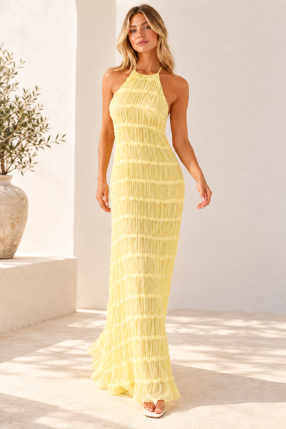 Delilah Ruched Halter Neck Open Back Maxi Dress