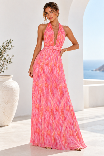 Amara Pink Watercolour Halter Neck Pleated Maxi Dress