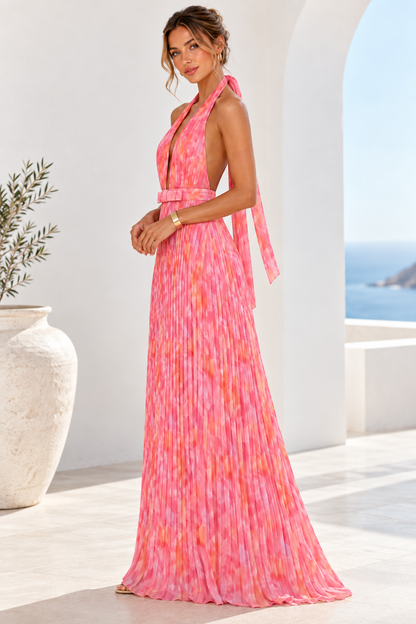 Amara Pink Watercolour Halter Neck Pleated Maxi Dress