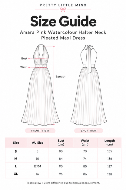 Amara Pink Watercolour Halter Neck Pleated Maxi Dress
