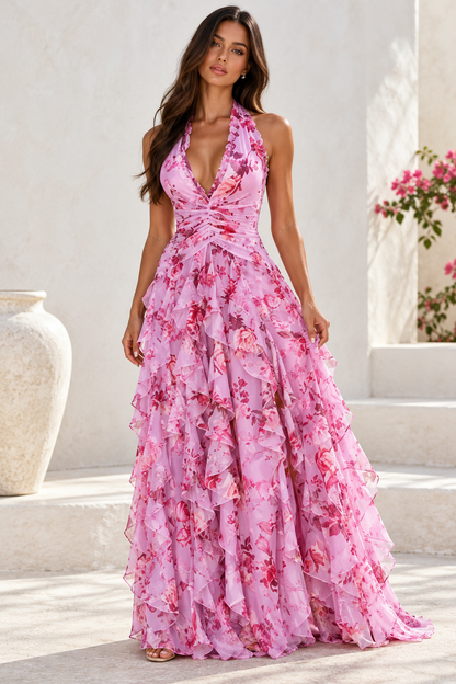 Marielle Floral Halter Ruffle Maxi Dress