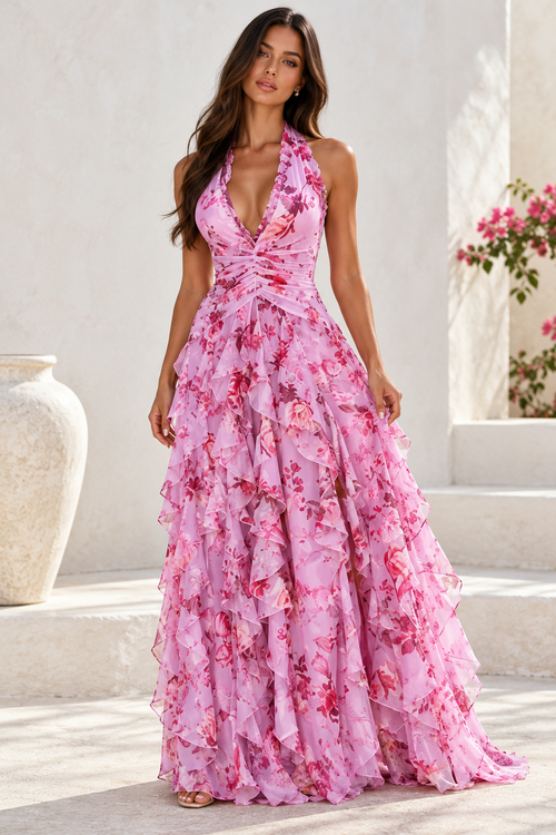 Marielle Floral Halter Ruffle Maxi Dress