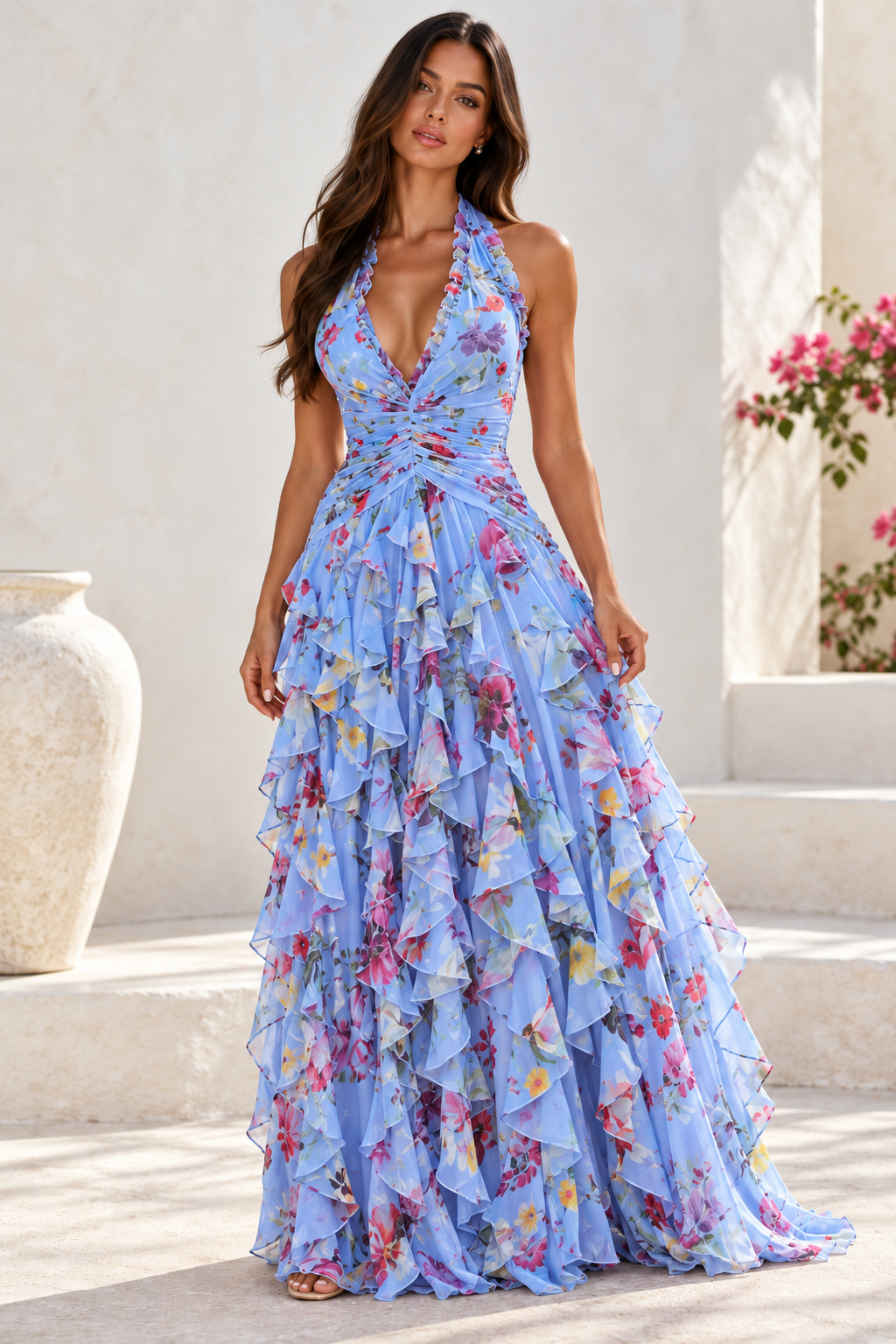 Marielle Floral Halter Ruffle Maxi Dress