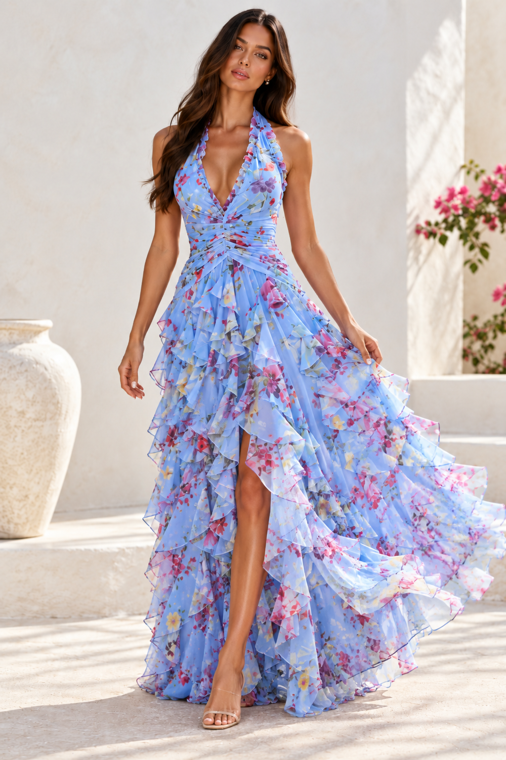 Marielle Floral Halter Ruffle Maxi Dress