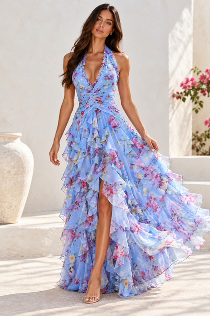 Marielle Floral Halter Ruffle Maxi Dress
