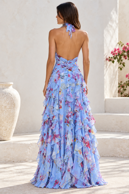 Marielle Floral Halter Ruffle Maxi Dress
