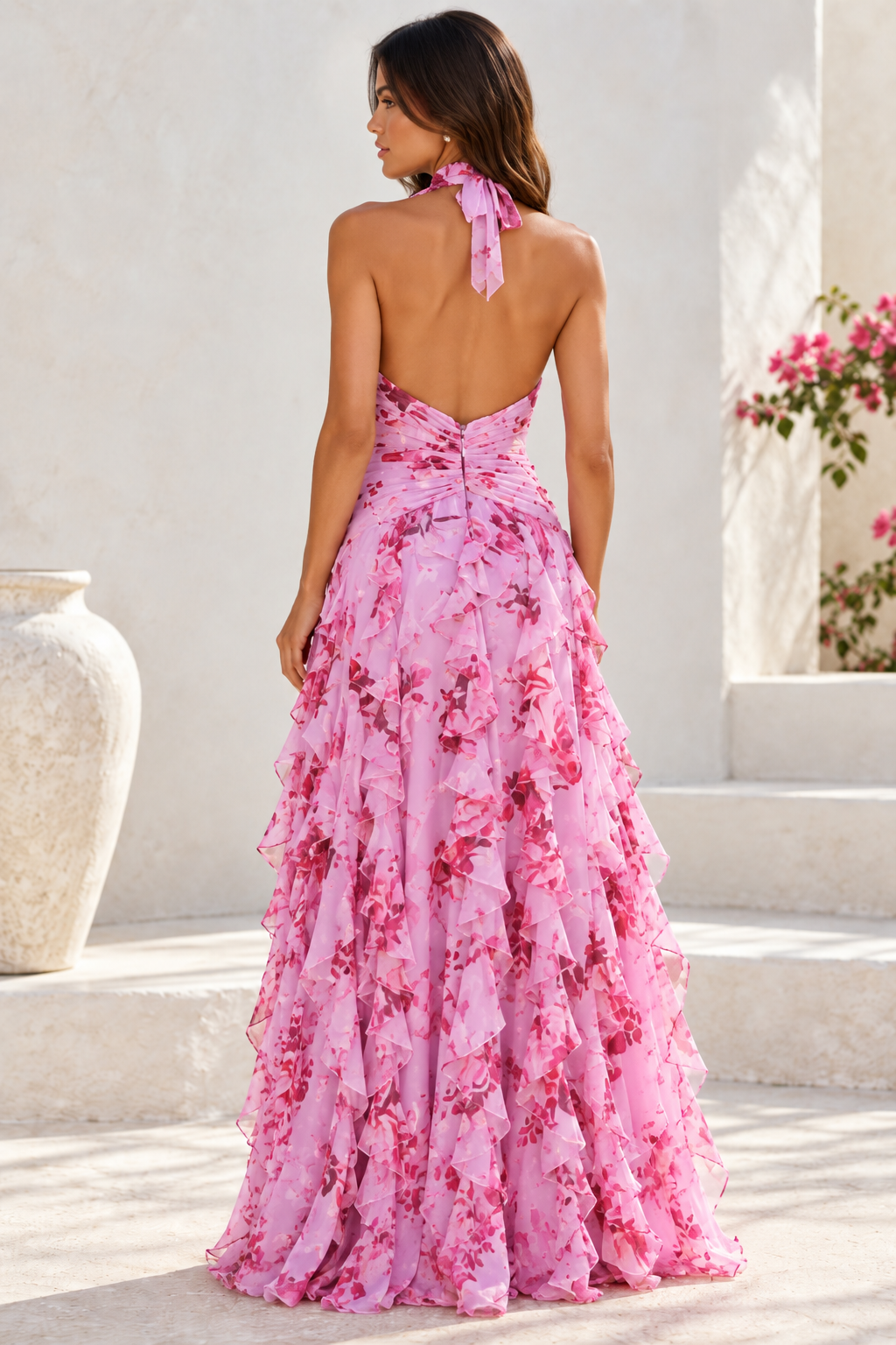 Marielle Floral Halter Ruffle Maxi Dress